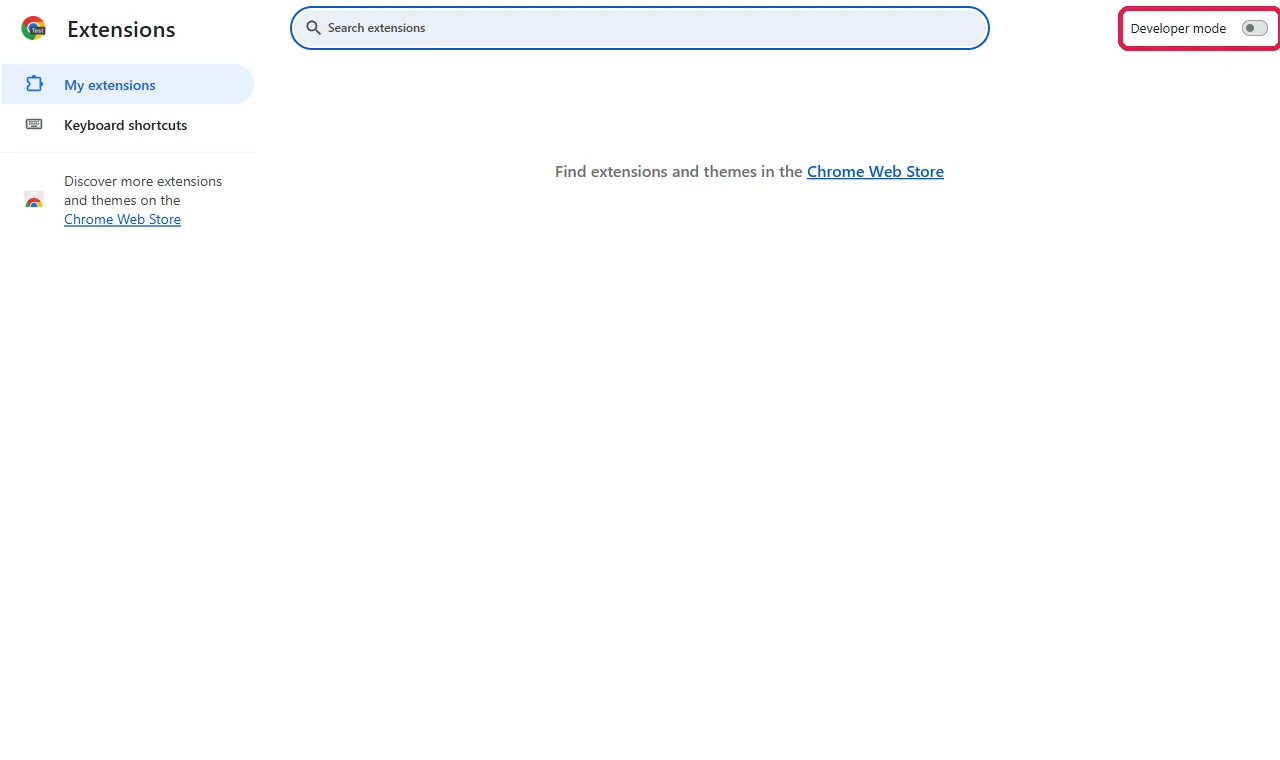 Chrome's Extensions page with the Developer mode switch at the top right highlighted