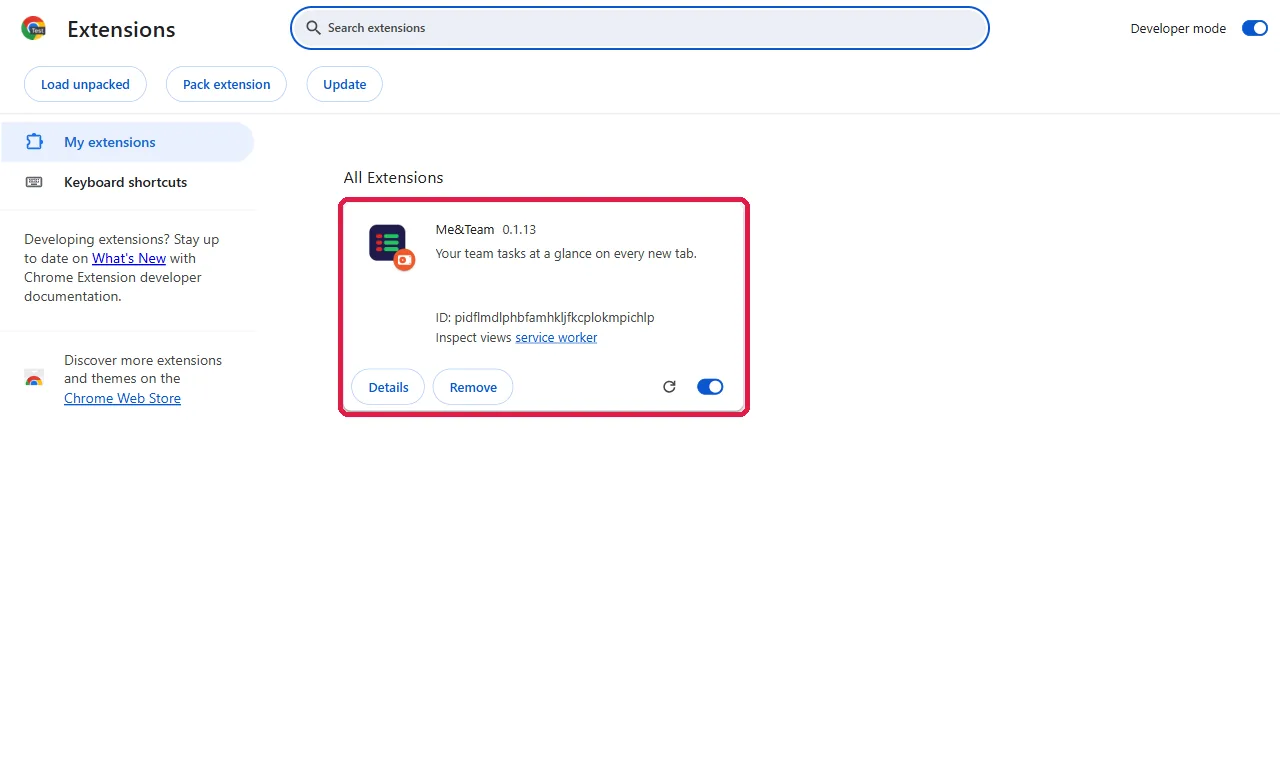 The Me&Team card in Chrome's extension list, switched on