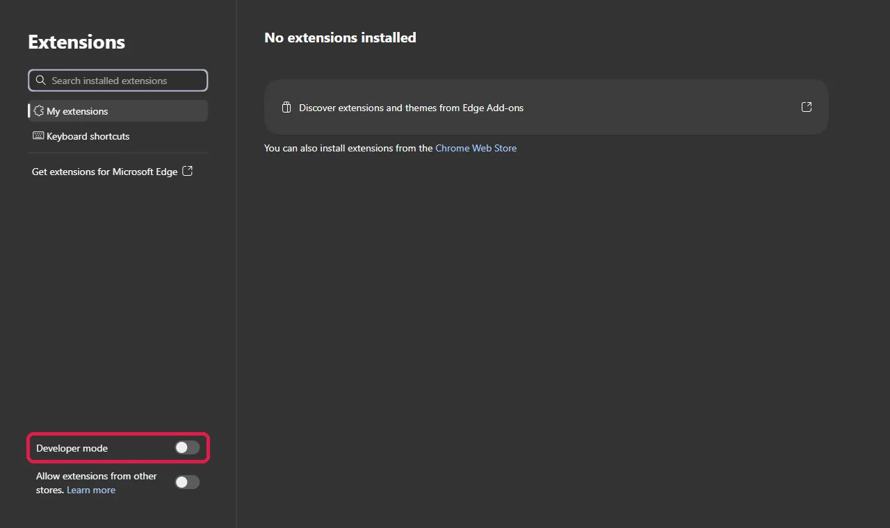 Edge's Extensions page with the Developer mode switch at the bottom left highlighted