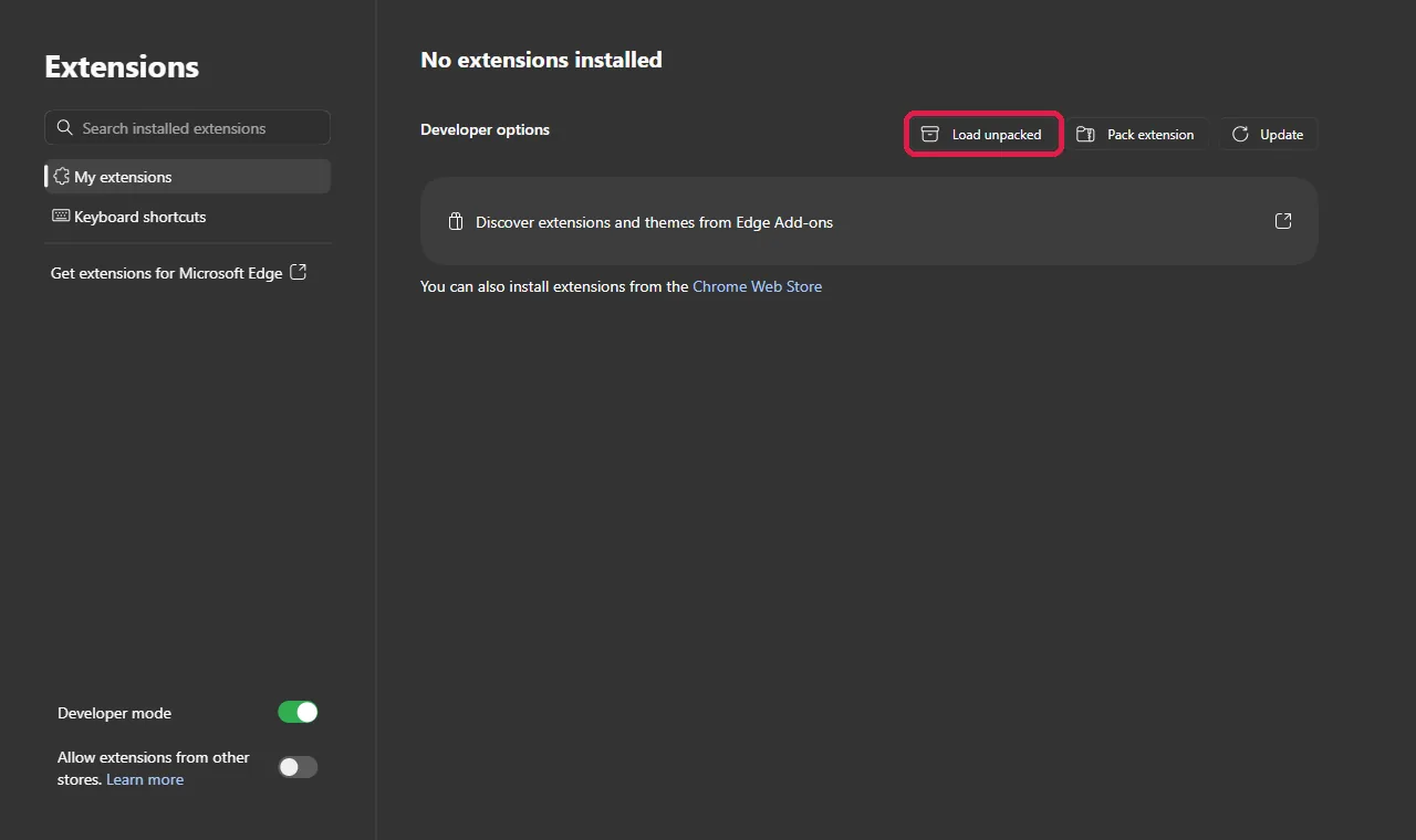 Developer options shown, with the Load unpacked button highlighted