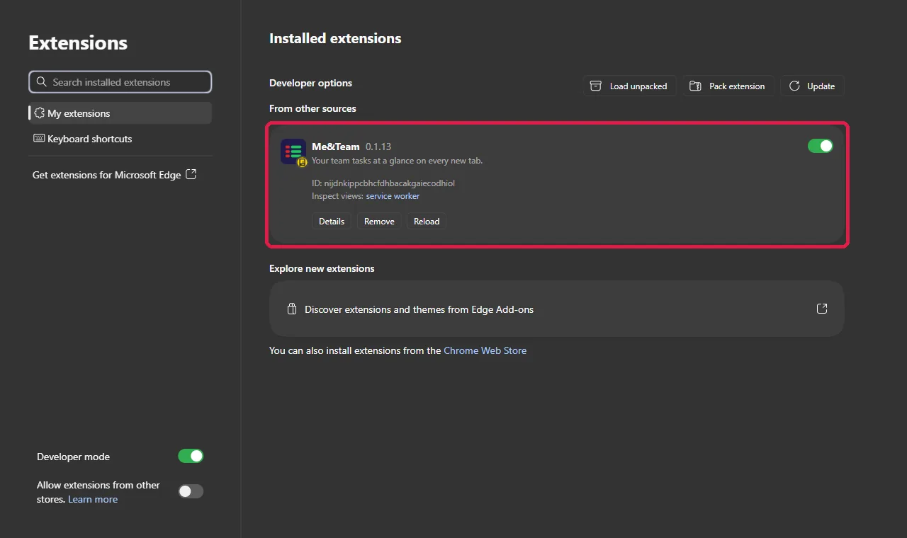 The Me&Team card in Edge's extension list, switched on
